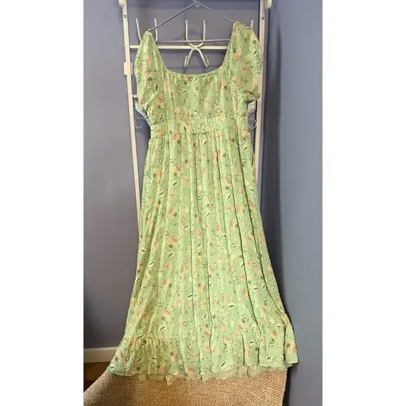Torrid Maxi Of Shoulder Dress Light Green Floral Spring Princess Fairy Plus 1 - Picture 5 of 7